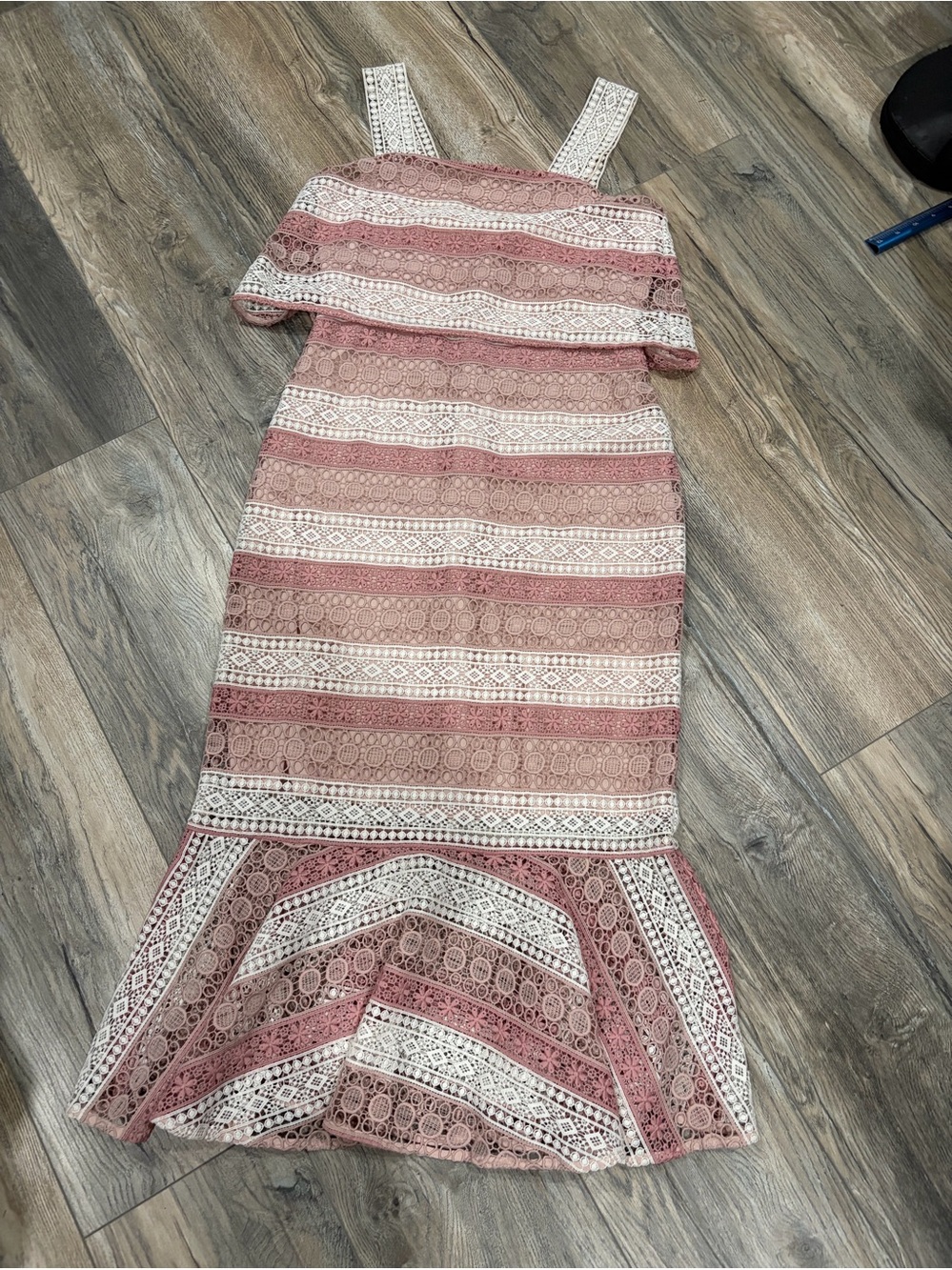 Rosanna Dusty Rose and Cream Lace-Striped Midi Dress